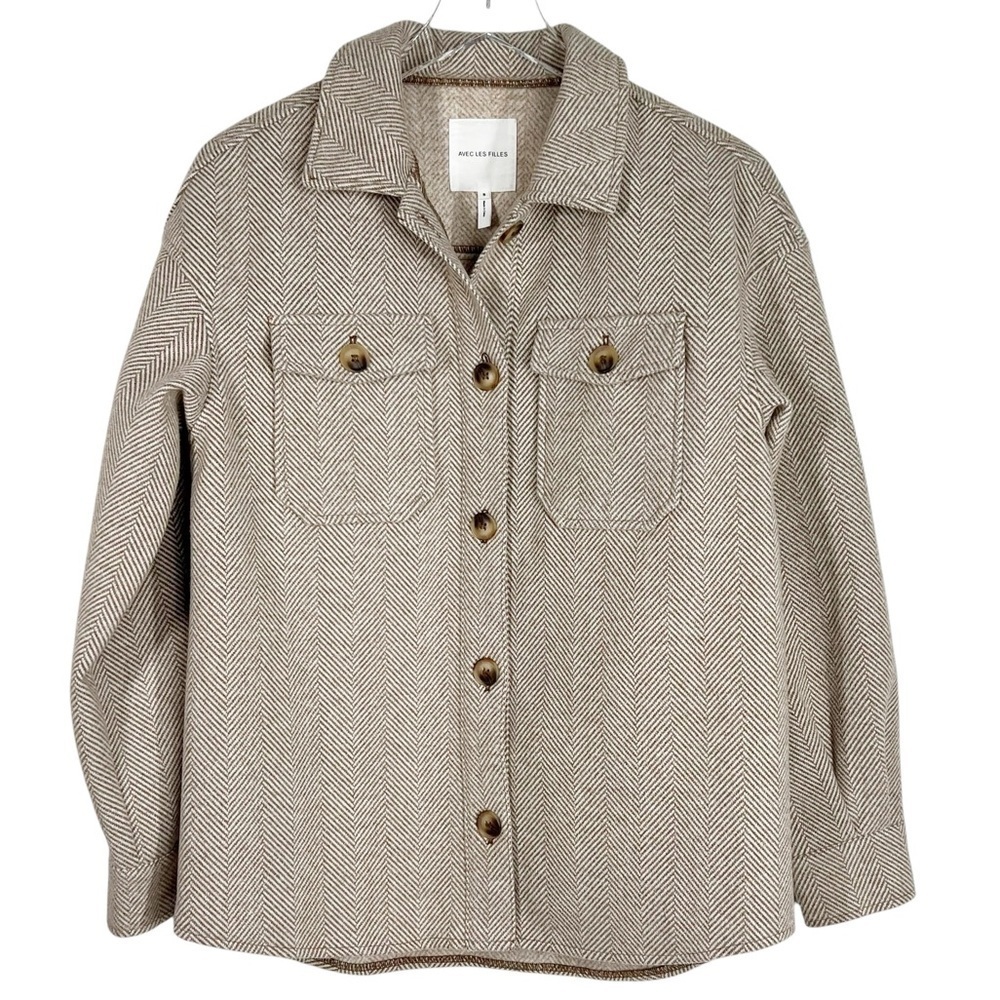 AVEC LES FILLES Tan & Ivory Chevron Button Down Shacket with Pockets Small